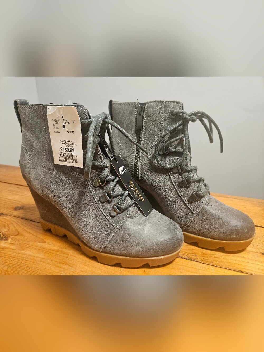 Sorel Gray Suede Lace-Up Wedge Ankle Boots